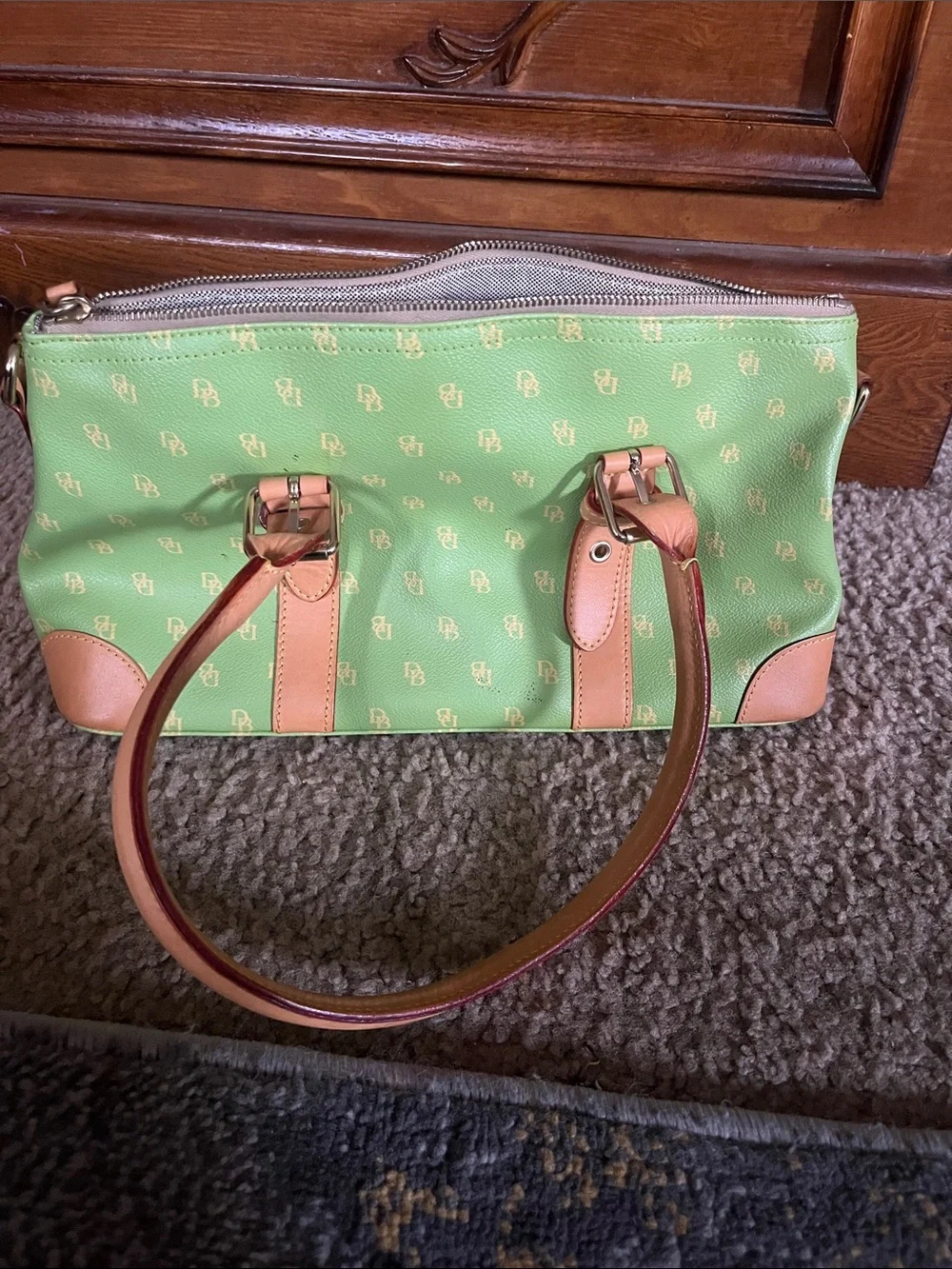 Vintage Dooney & Bourke Green Tote with Tan Trim