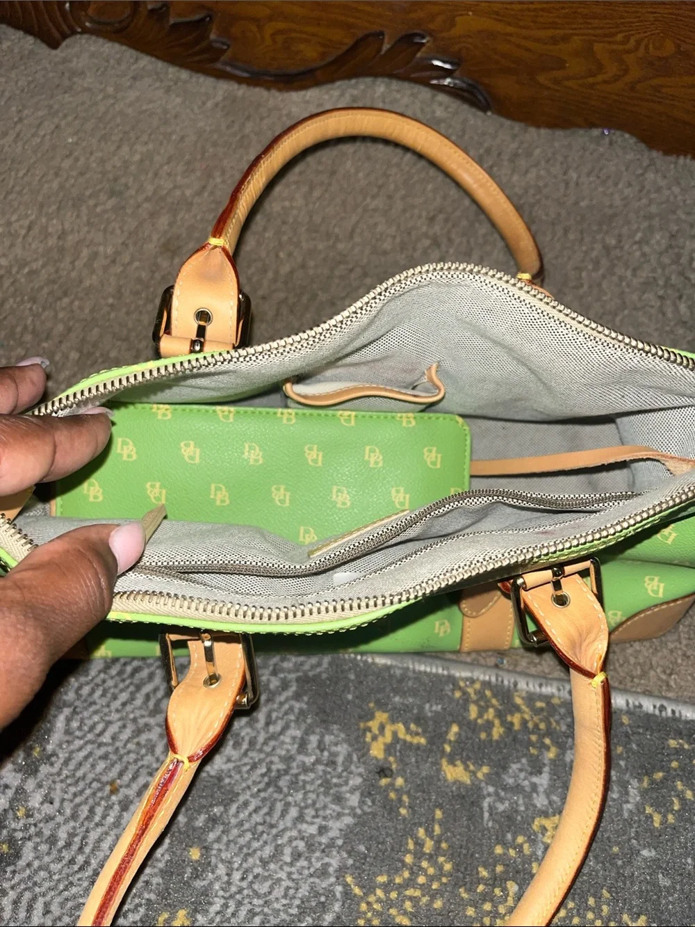 Vintage Dooney & Bourke Green Tote with Tan Trim