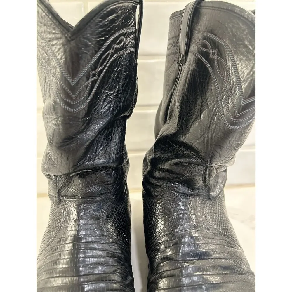 Vtg Justin 3112 Lizard Skin Cowboy Boots Mens Sz 12 EE USA Black Exotic Western