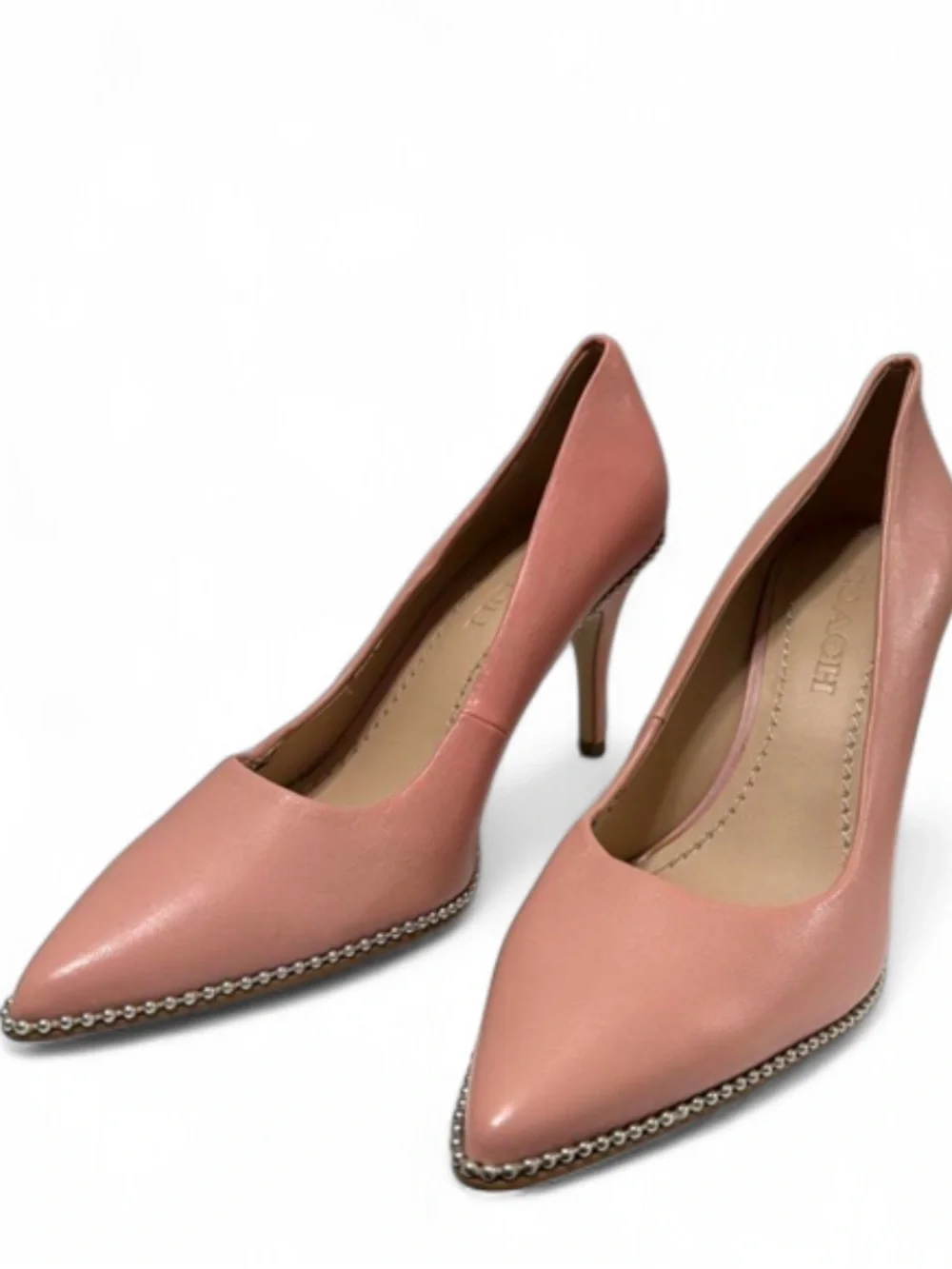 Coach Blush Pink Pointed-Toe Mid-Heel Pumps with Gold Trim