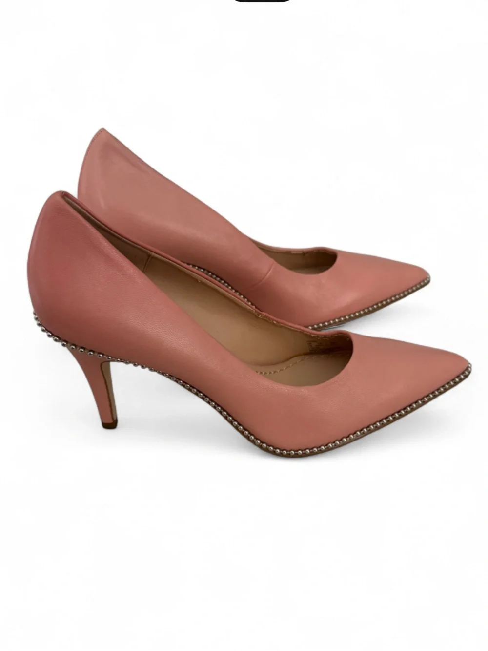 Coach Blush Pink Pointed-Toe Mid-Heel Pumps with Gold Trim