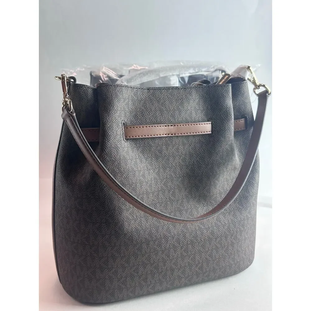 Michael Kors Carson Medium Convertible Bucket Bag Brown Signature Shoulder NWT
