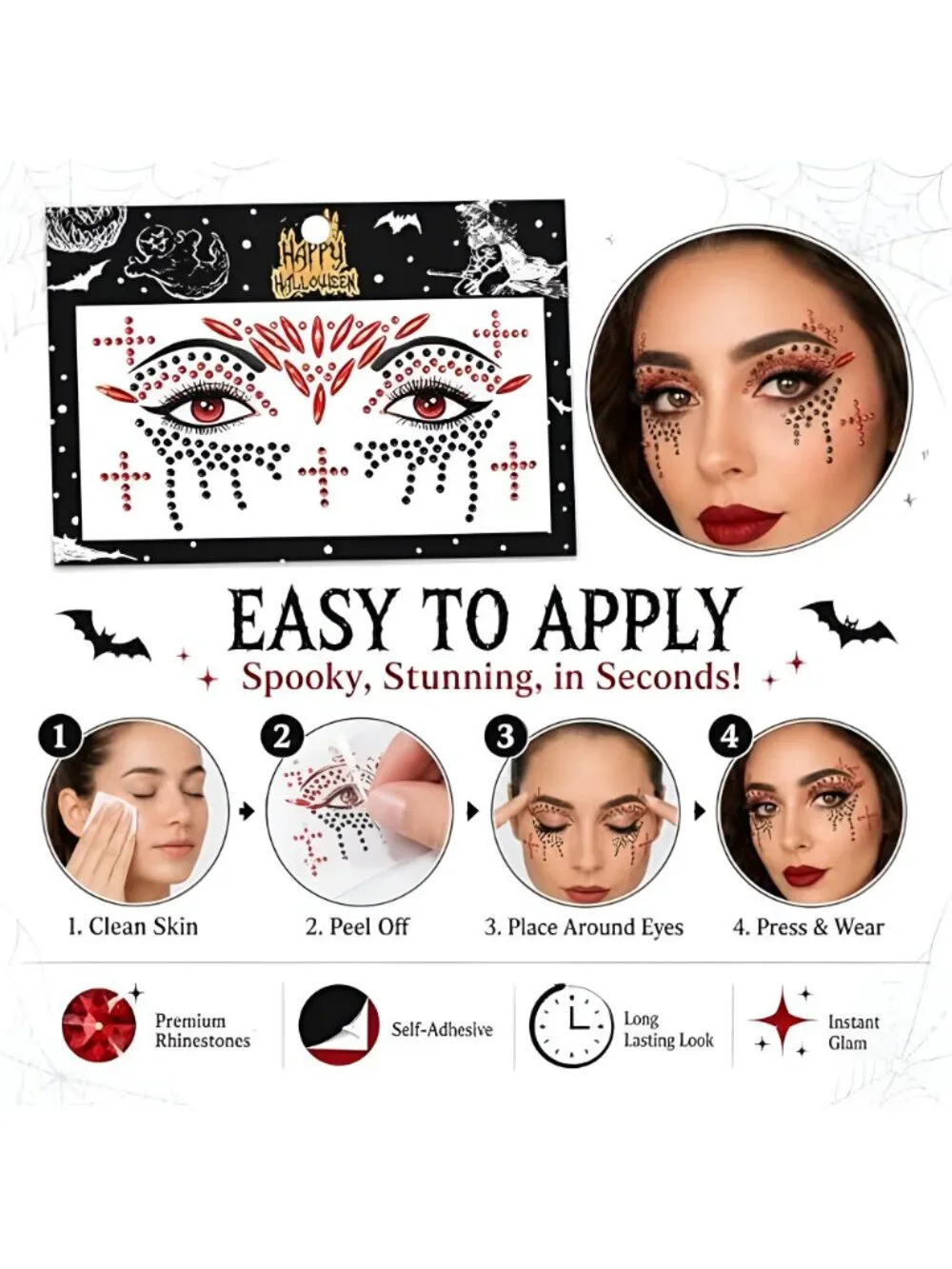 Halloween Face Gems Stickers Gothic Rhinestone Face Jewels for Women Makeup
