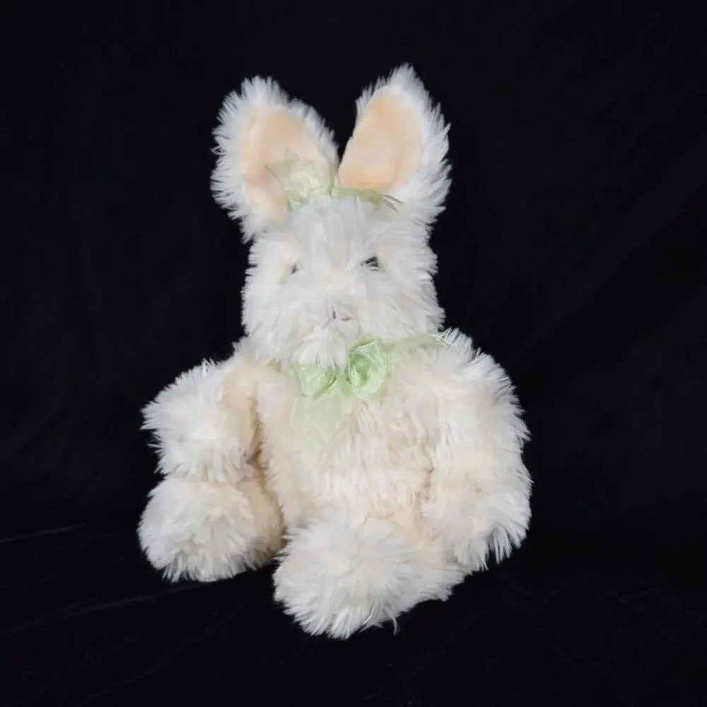Fluffy White Easter Bunny Plush Rabbit Stuffed Animal Sitting Green Bows 13