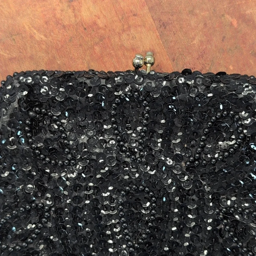 Vintage Black Beaded Sequin Kiss Lock Clutch Evening Bag Made in Japan