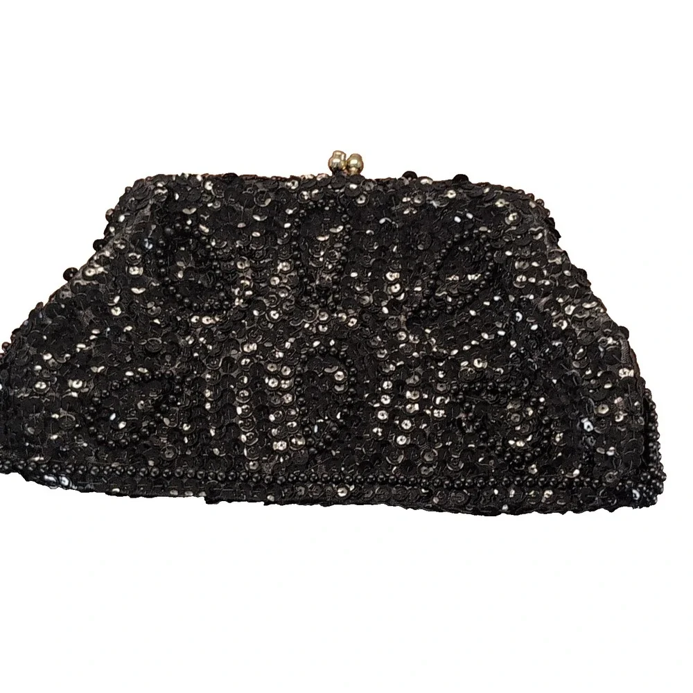 Vintage Black Beaded Sequin Kiss Lock Clutch Evening Bag Made in Japan