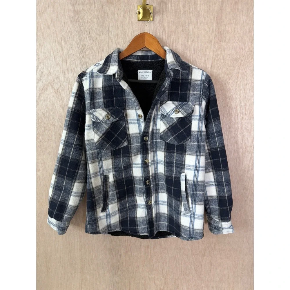 Distortion Boys Blue Plaid Sherpa Lined Button Down Shirt Large 14-16 RN 65933