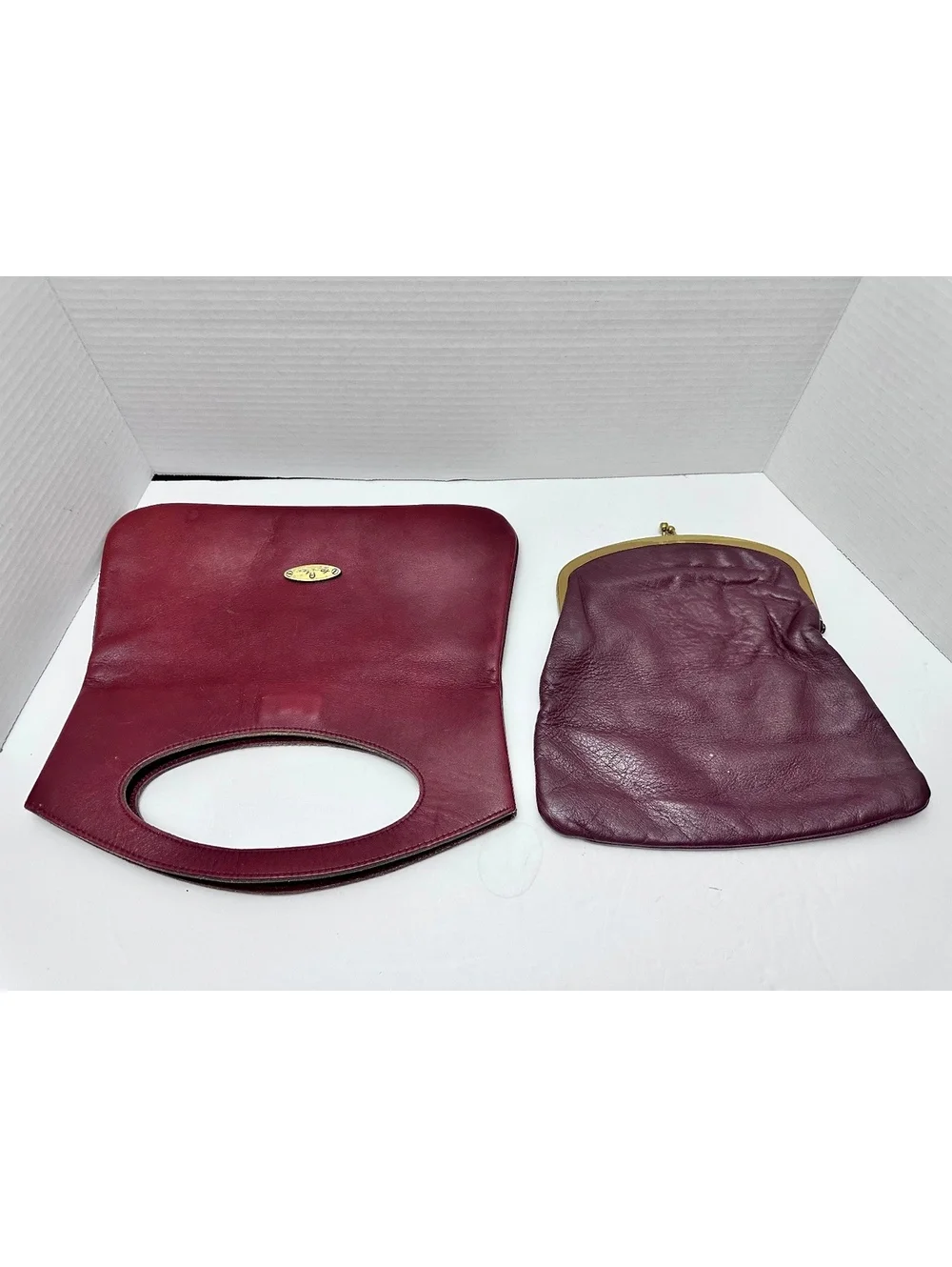 Set of 2 Vintage Oxblood Burgundy Leather Foldover Clutch Handbags
