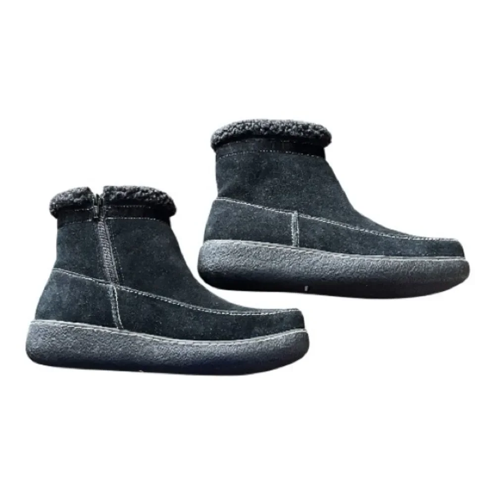 Lands' End Black Suede Fleece Lined Winter Ankle Boots with Zipper Size 10 B