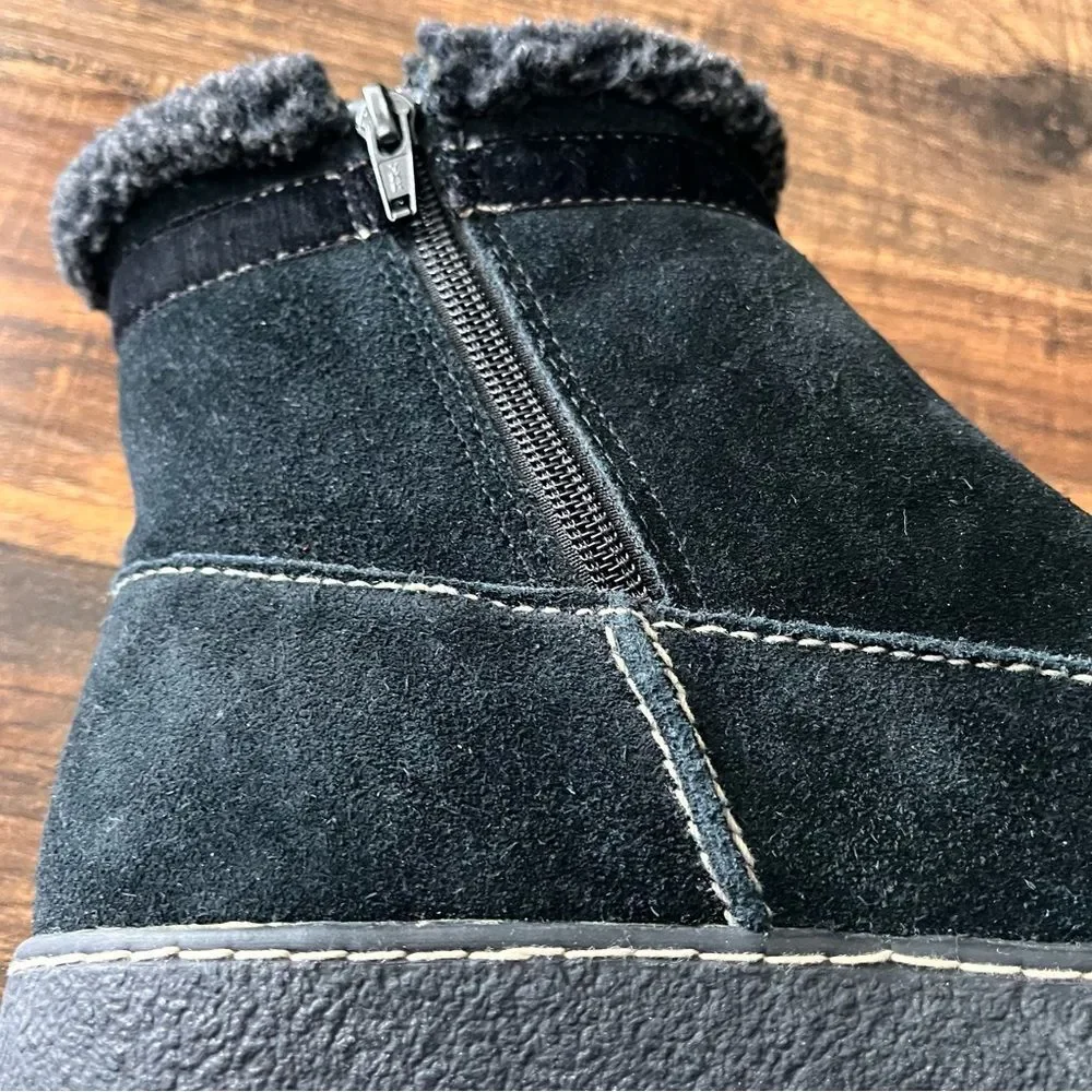Lands' End Black Suede Fleece Lined Winter Ankle Boots with Zipper Size 10 B