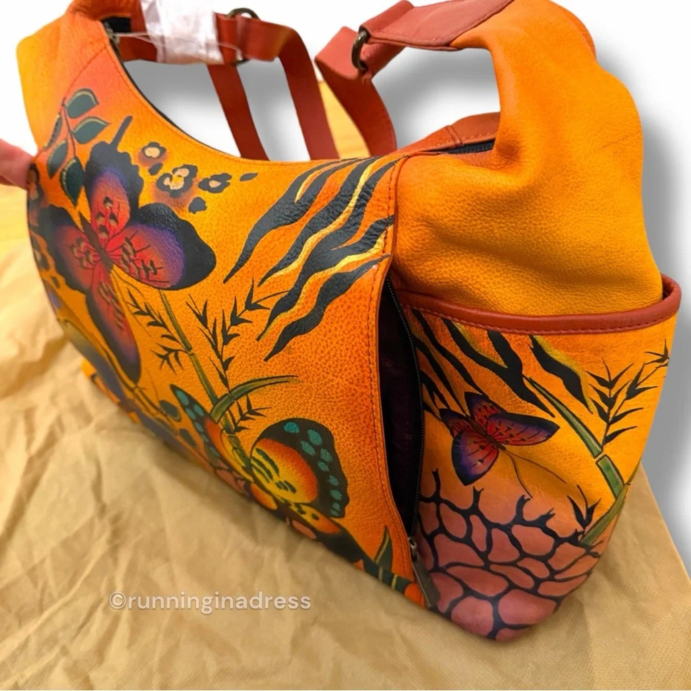 Anuschka Hand-Painted Leather Convertible Hobo Animal Butterfly Print Tangerine