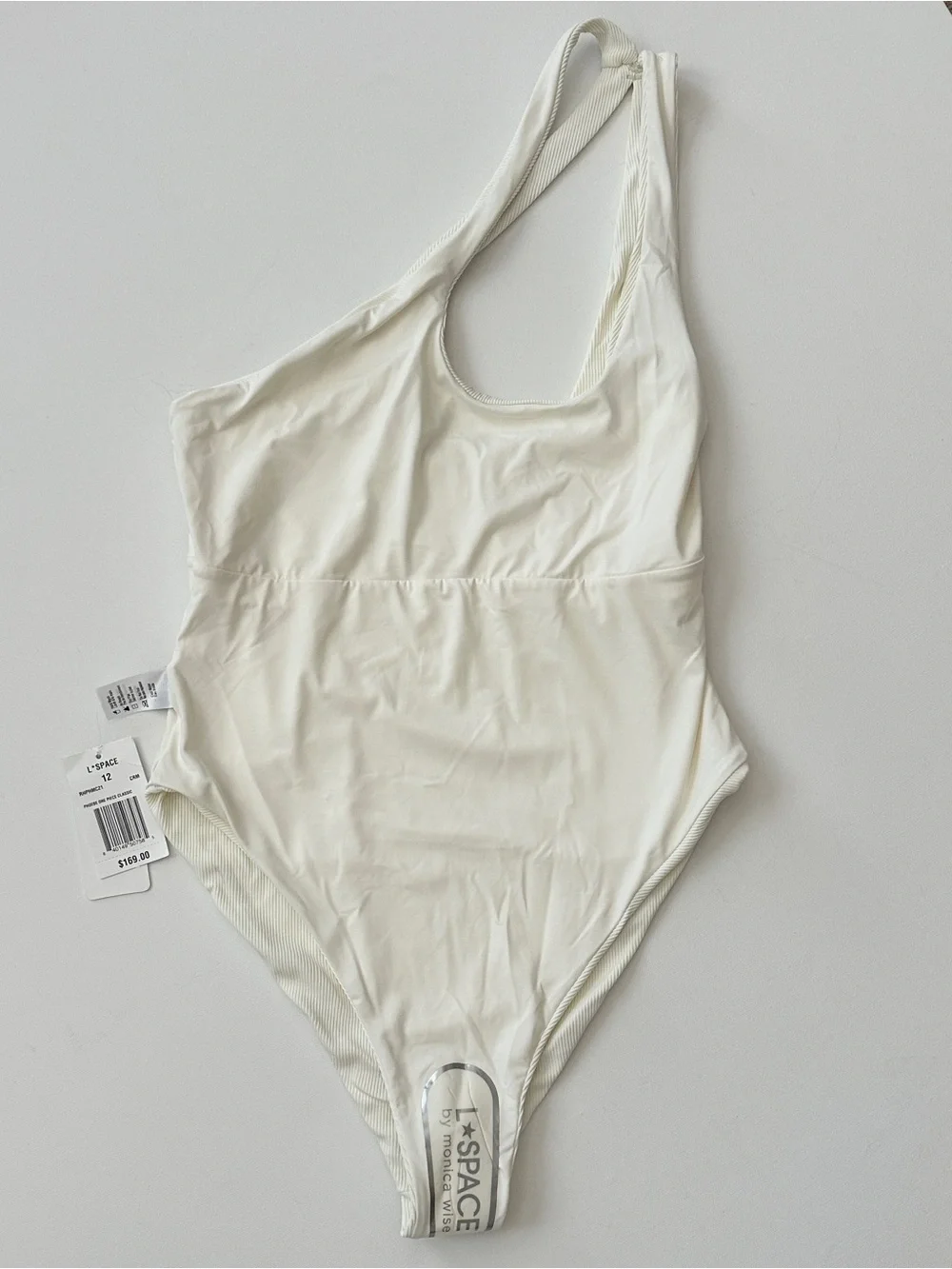 L*Space Cream Ribbed One Shoulder Cutout One-Piece Swimsuit Size 12
