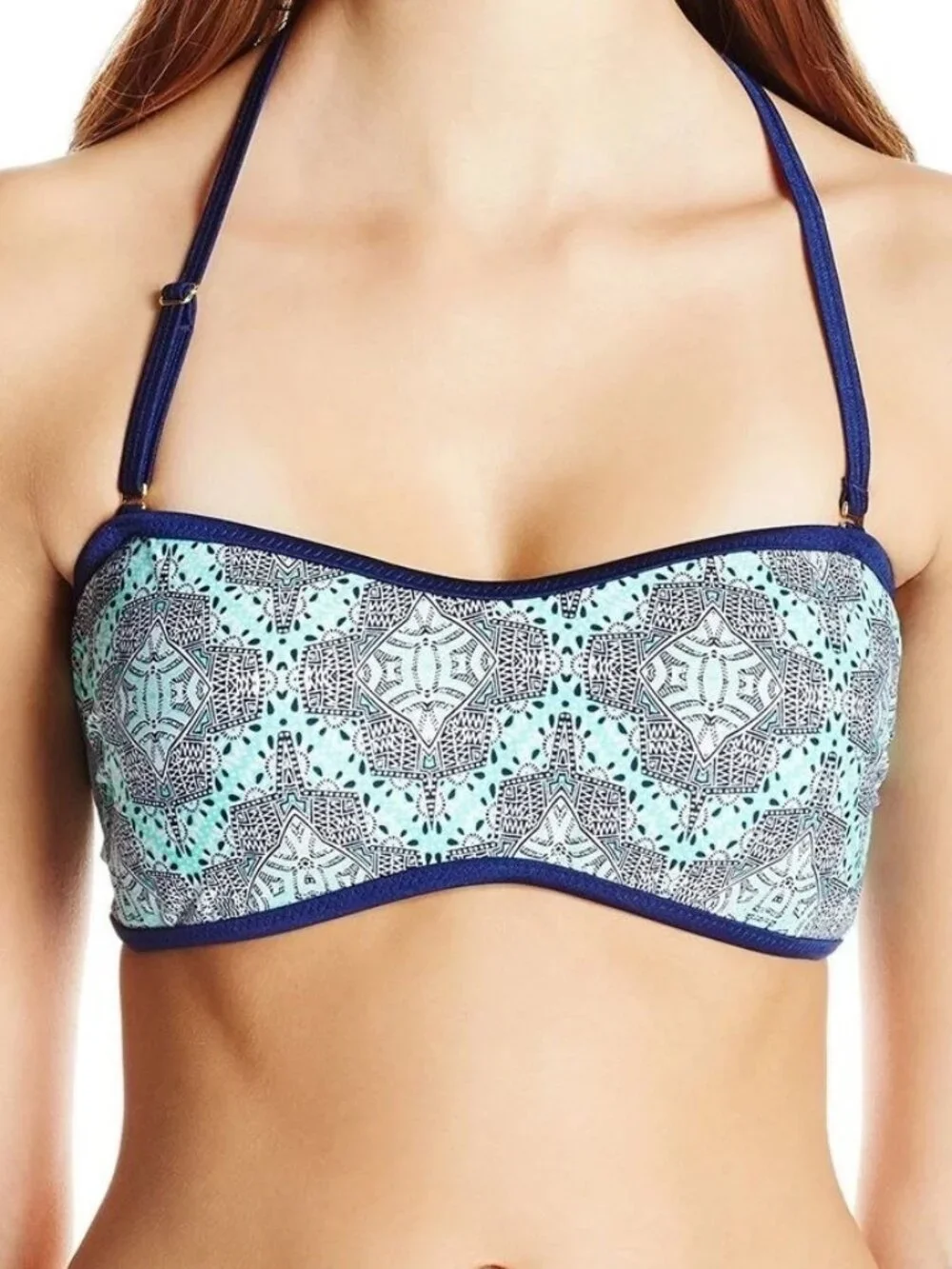 Jessica Simpson Womens Desert Diamond Braid Back Bandeau Bikini Top, Blue, Large