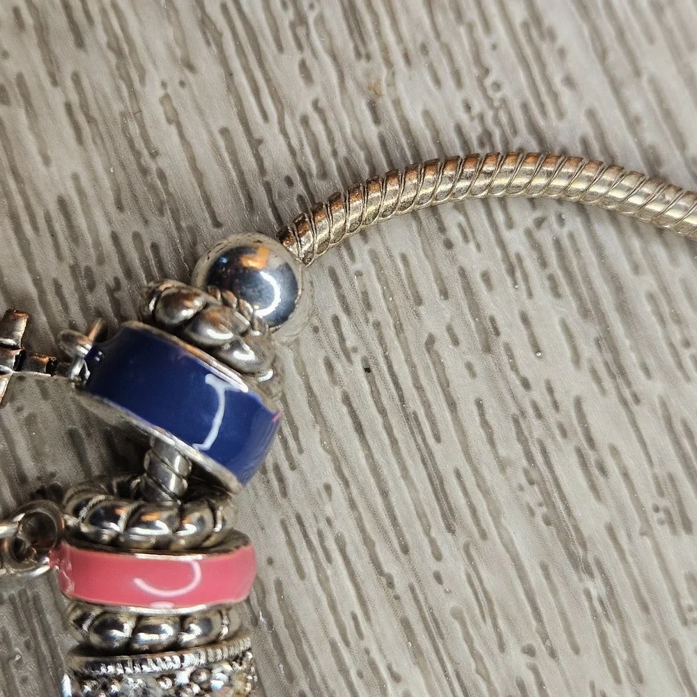 Colorful enamelCharm Bead Bracelet Silver Tone Heart Cross Star 8 Inch