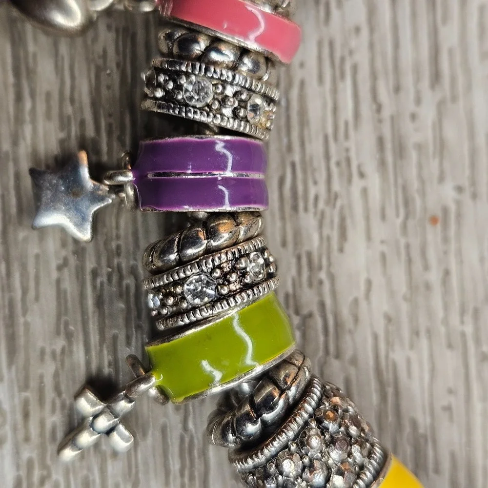 Colorful enamelCharm Bead Bracelet Silver Tone Heart Cross Star 8 Inch