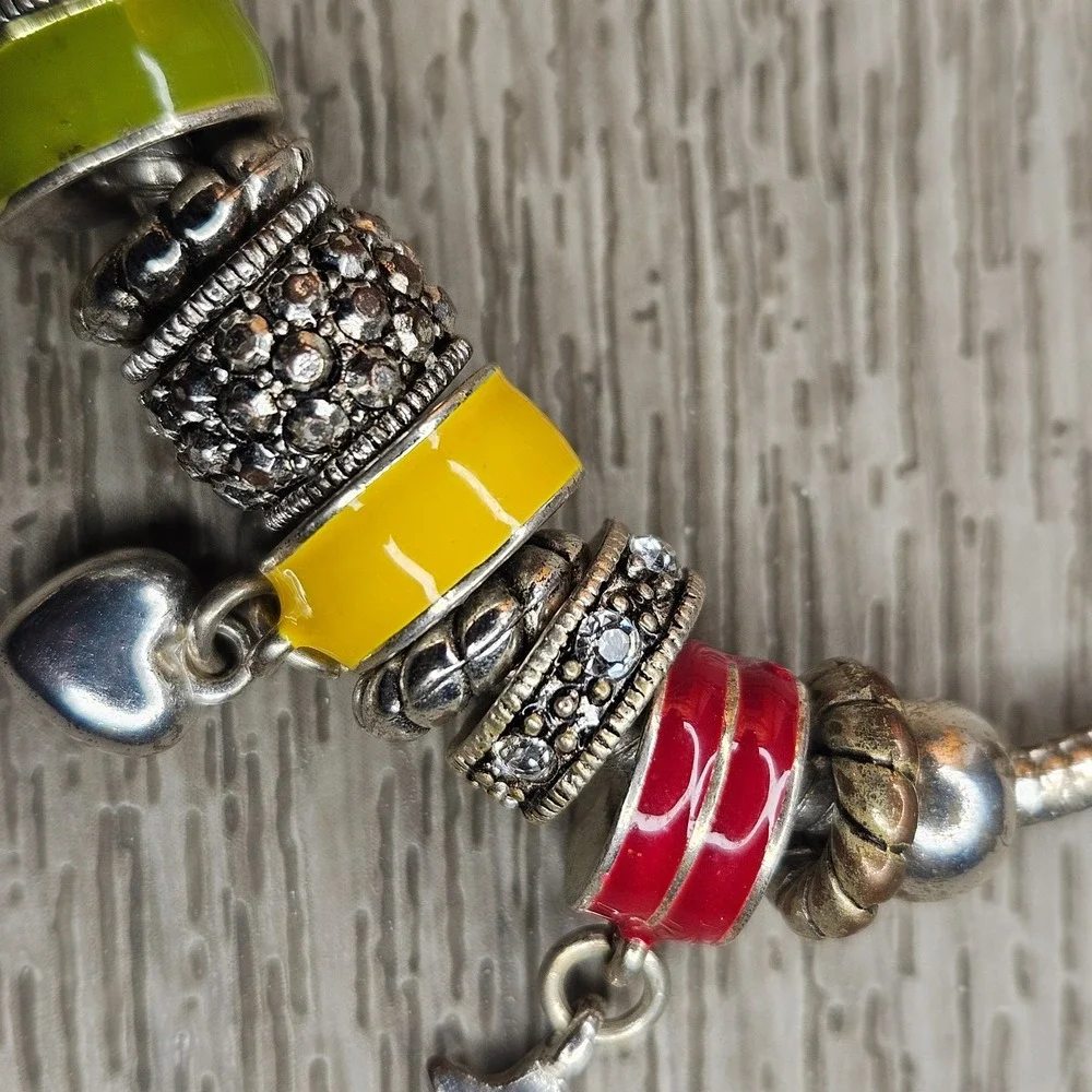 Colorful enamelCharm Bead Bracelet Silver Tone Heart Cross Star 8 Inch