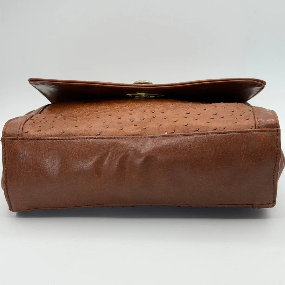 Vintage Carlo Calucci Ostrich Embossed Satchel Bag Brown Turn Lock Flap Brass