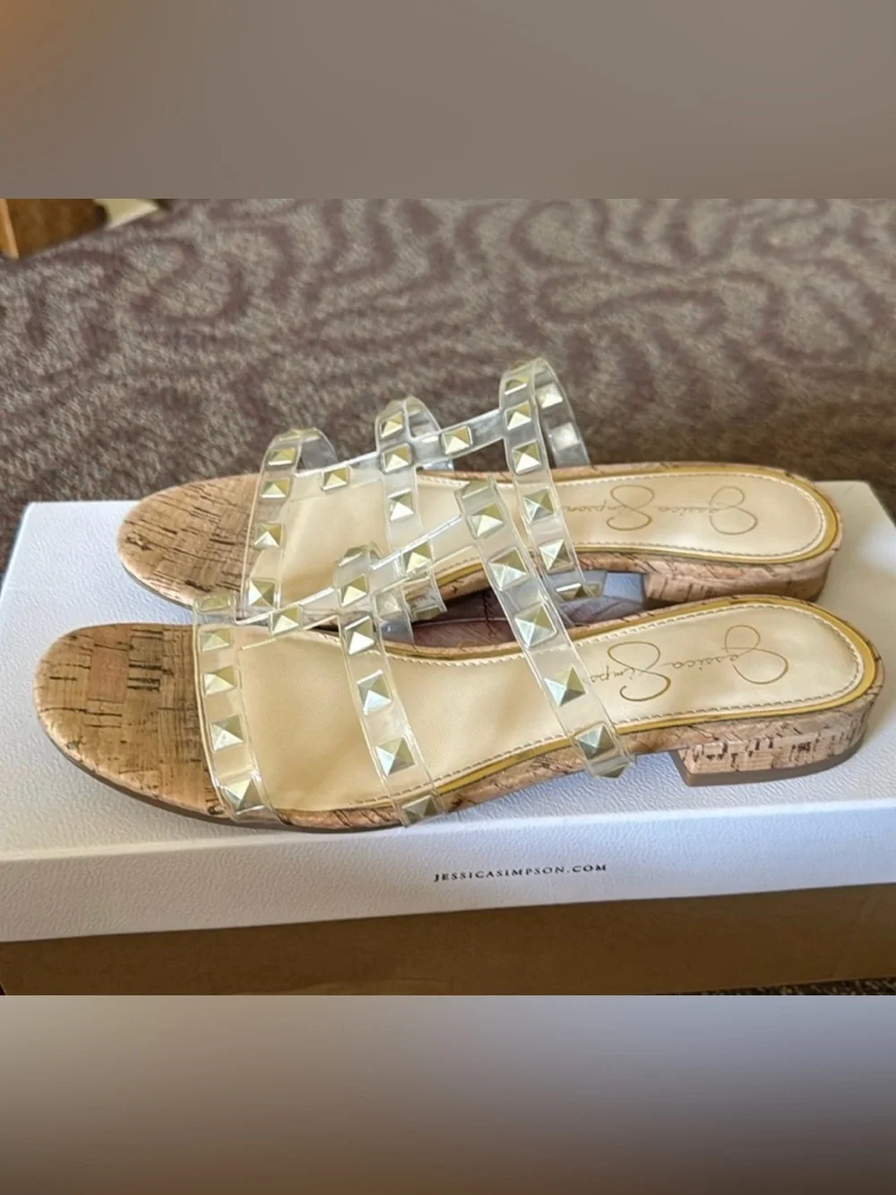 Jessica Simpson cork clear sandal with gold studs, small heel slide size 7.5