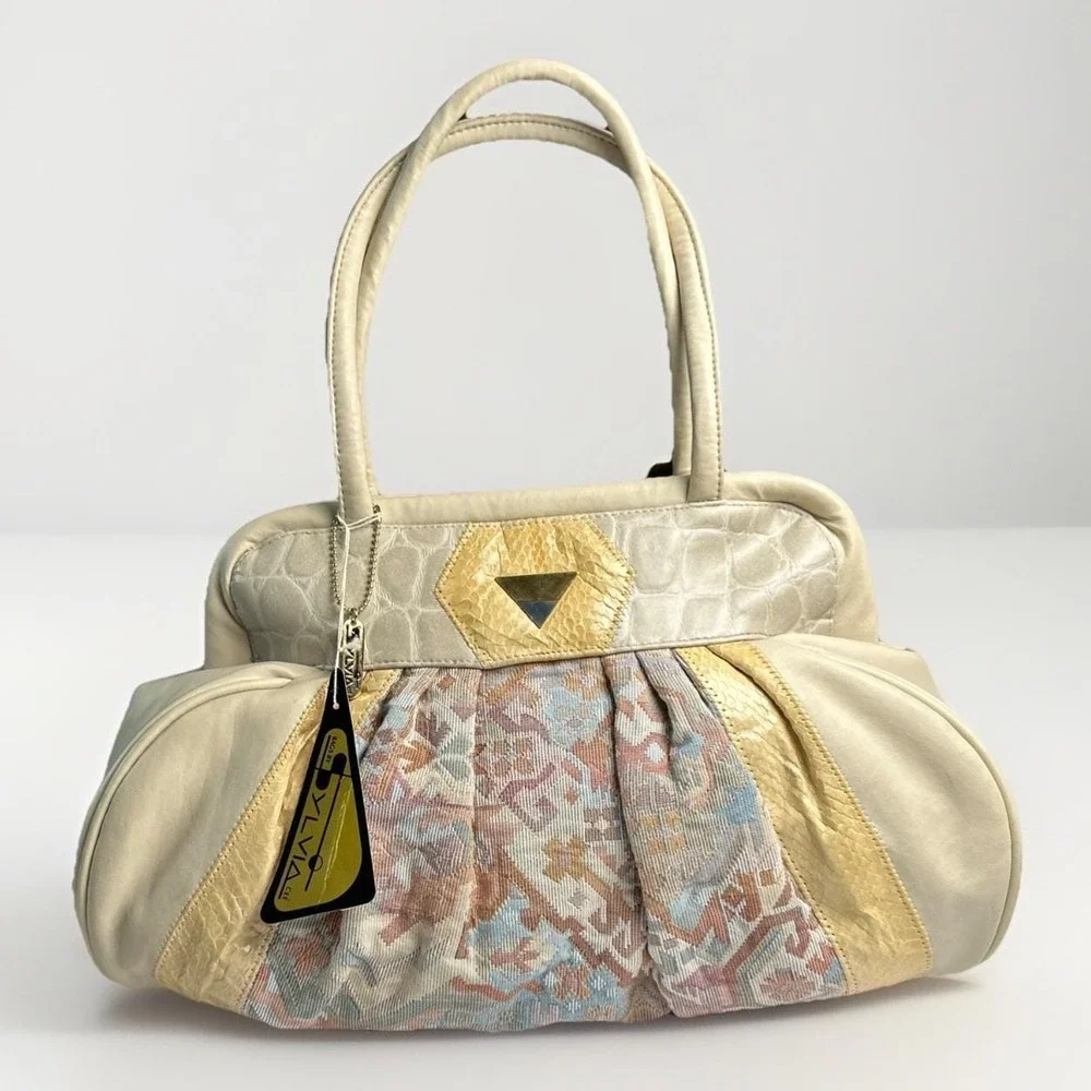 Vintage‎ Sylvia Cee Satchel - Cream Snakeskin, Leather, And SW Fabric - NOS