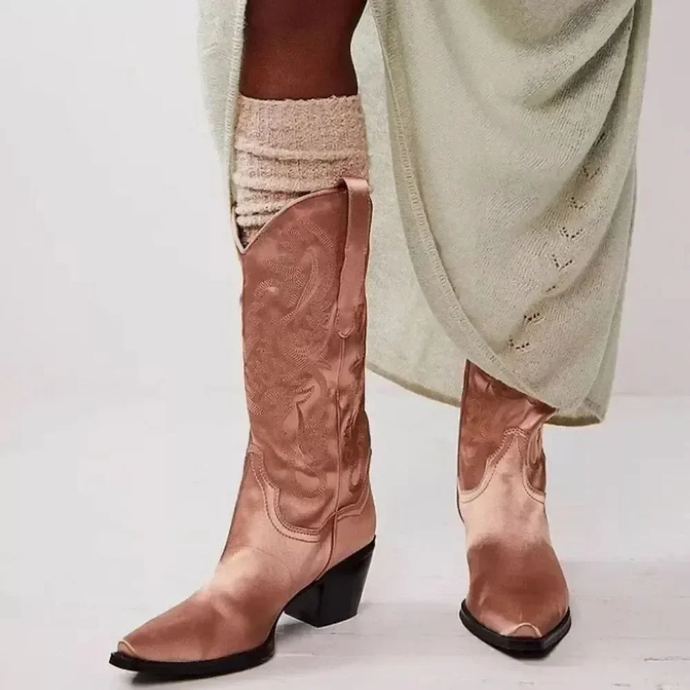 Free People Dagget Western Boots Champagne Rose Satin Amaya Western Size 6