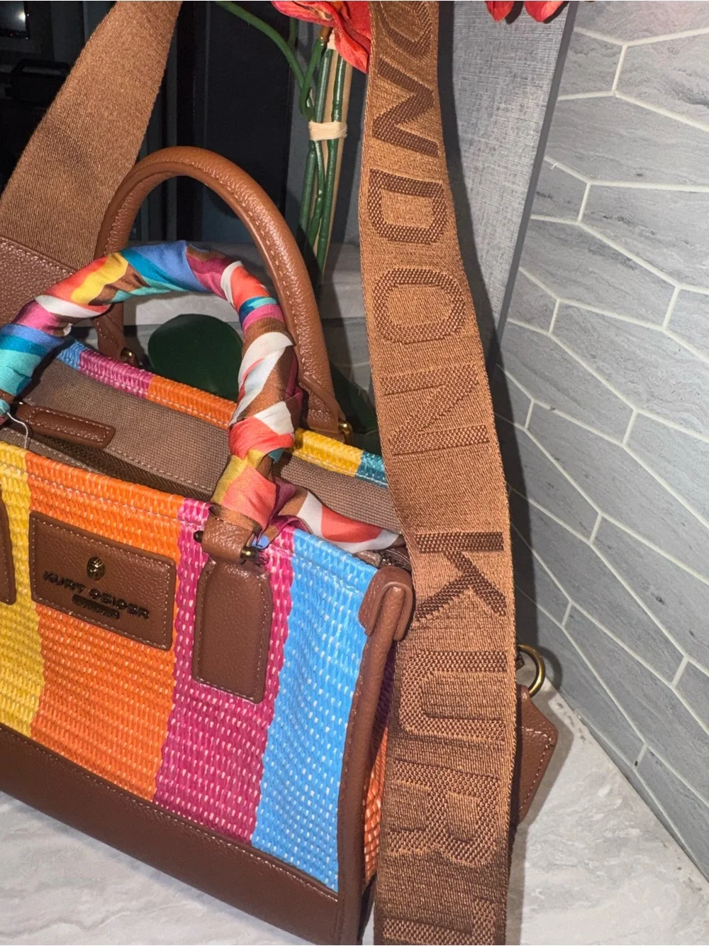 Kurt Geiger Multicolor Woven Satchel Bag Scarf Wrapped Strap&Crossbody