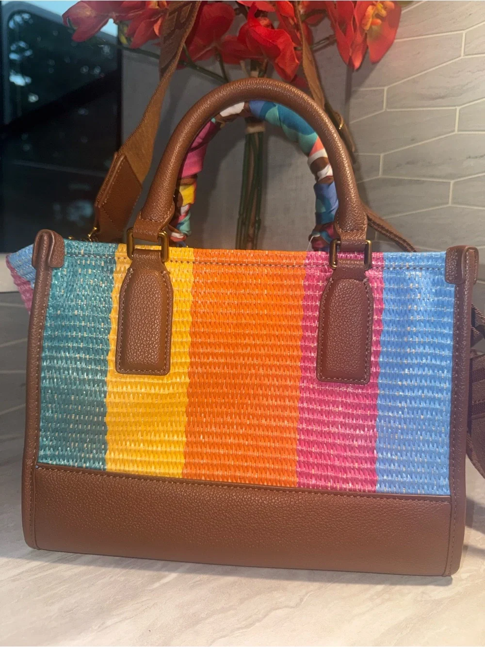 Kurt Geiger Multicolor Woven Satchel Bag Scarf Wrapped Strap&Crossbody
