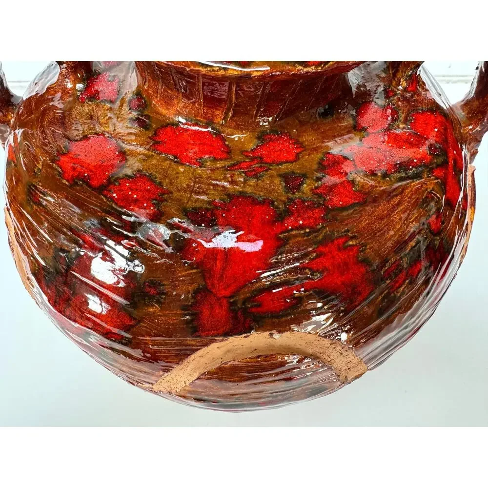 Vintage Studio Pottery Amphora Vase, Red Lava Glaze, Signed SL