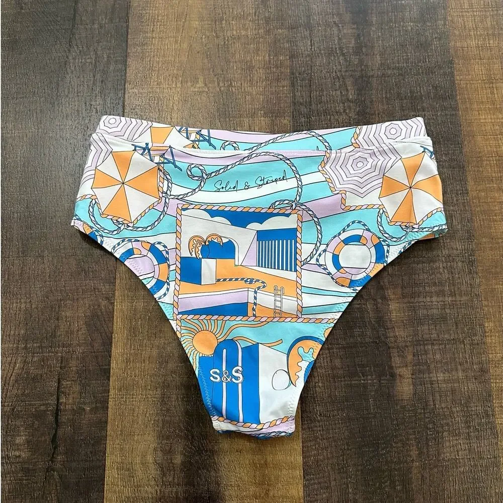 Solid & Striped Bikini Bottoms Medium Nautical Print High Waist Swim
