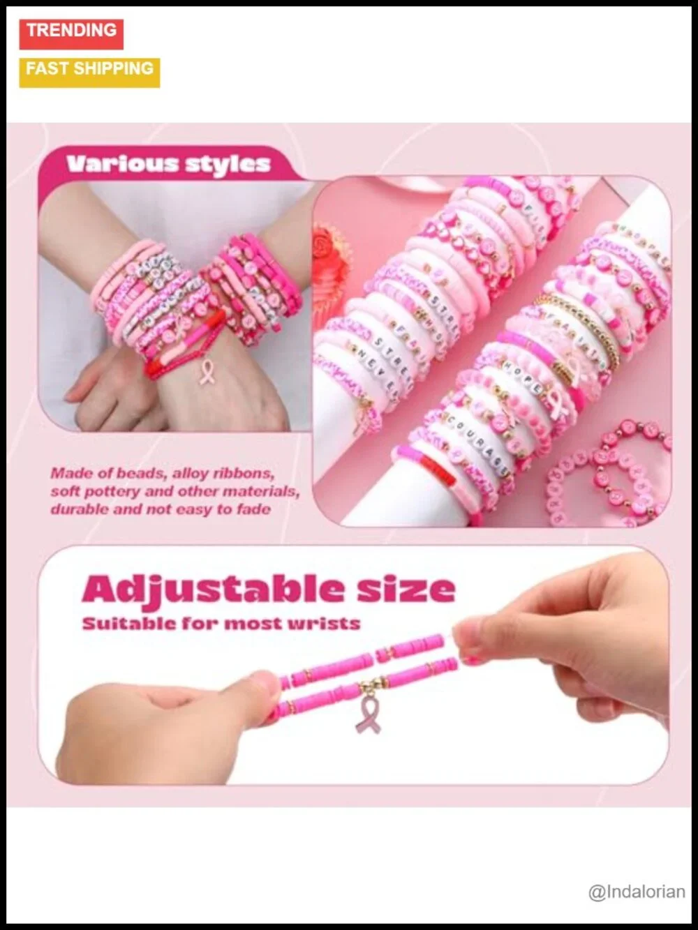Breast Cancer Awareness Bracelets 50 Pcs Polymer Clay Bead Stretch