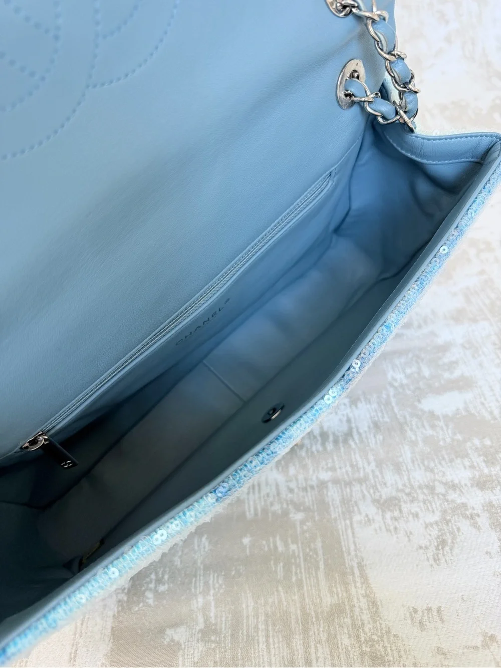 CHANEL Blue Sequined lambskin Jumbo Flap Bag
