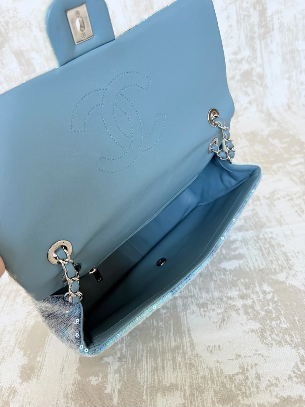 CHANEL Blue Sequined lambskin Jumbo Flap Bag