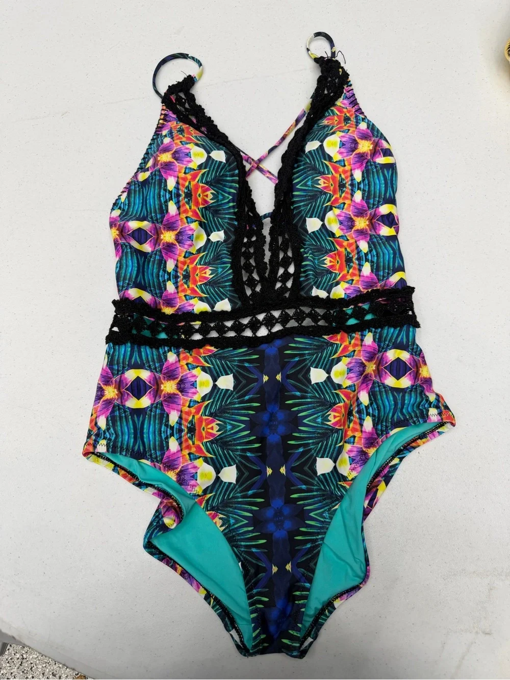 Nanette Lepore Habanera Goddess Deep V One Piece Swimsuit Crochet Size L