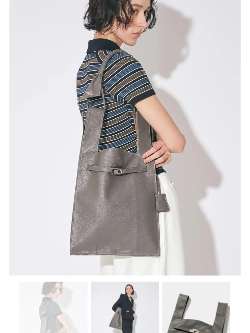 Minimal Gray Leather Shoulder Bag with Strap Detail