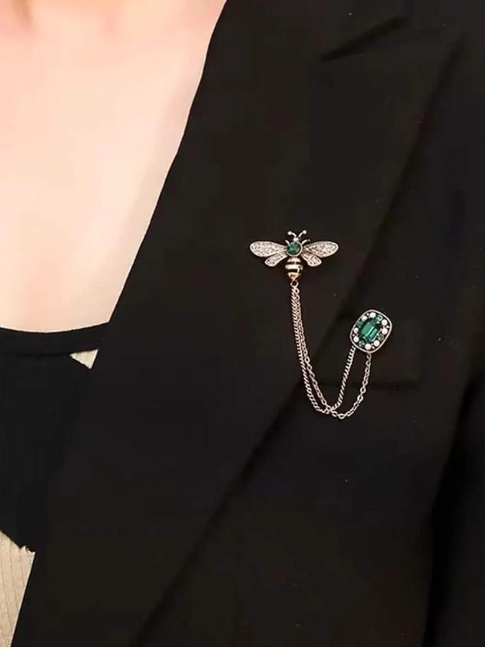 Gold Bee Chain Brooch with Emerald Green