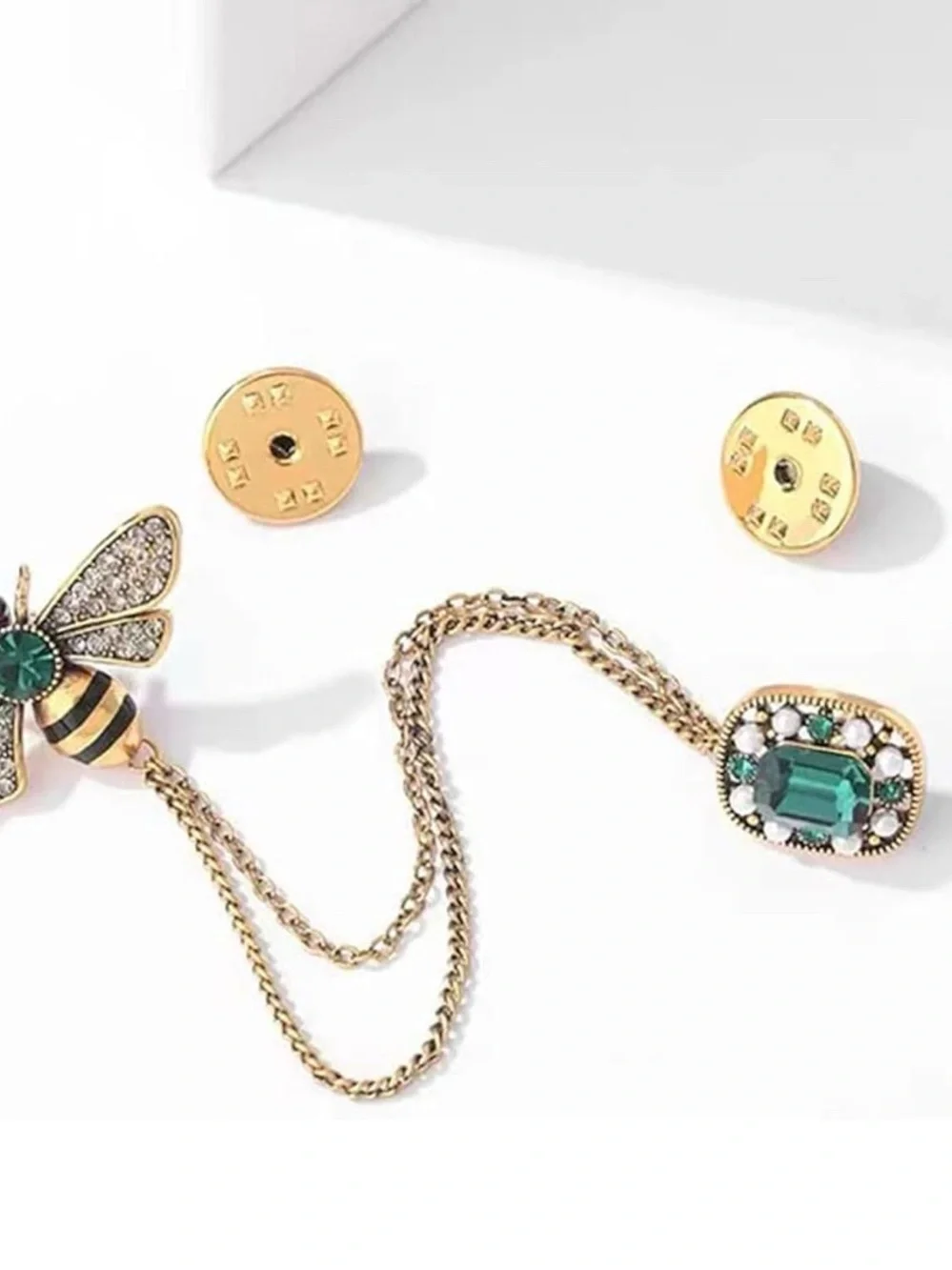 Gold Bee Chain Brooch with Emerald Green