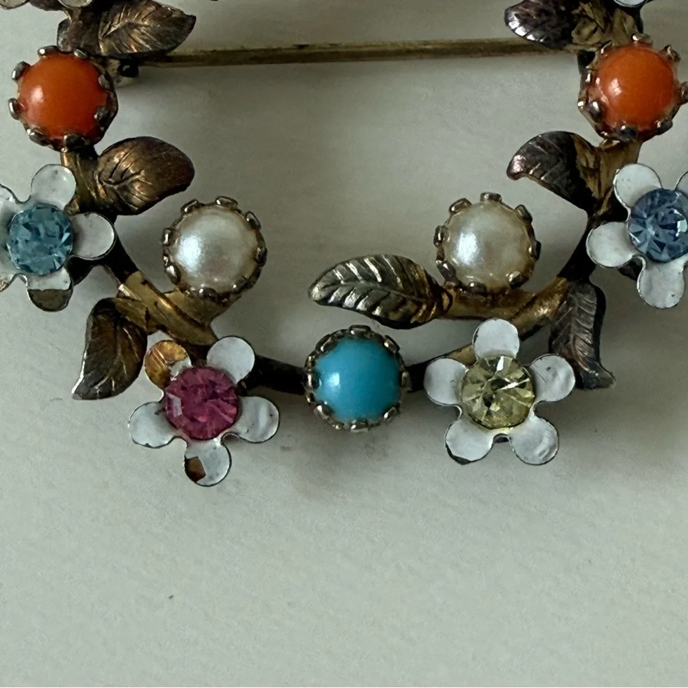 Vintage 1960s Floral Wreath Brooch & Earrings Set-Multi-Color Enamel/Faux Pearl