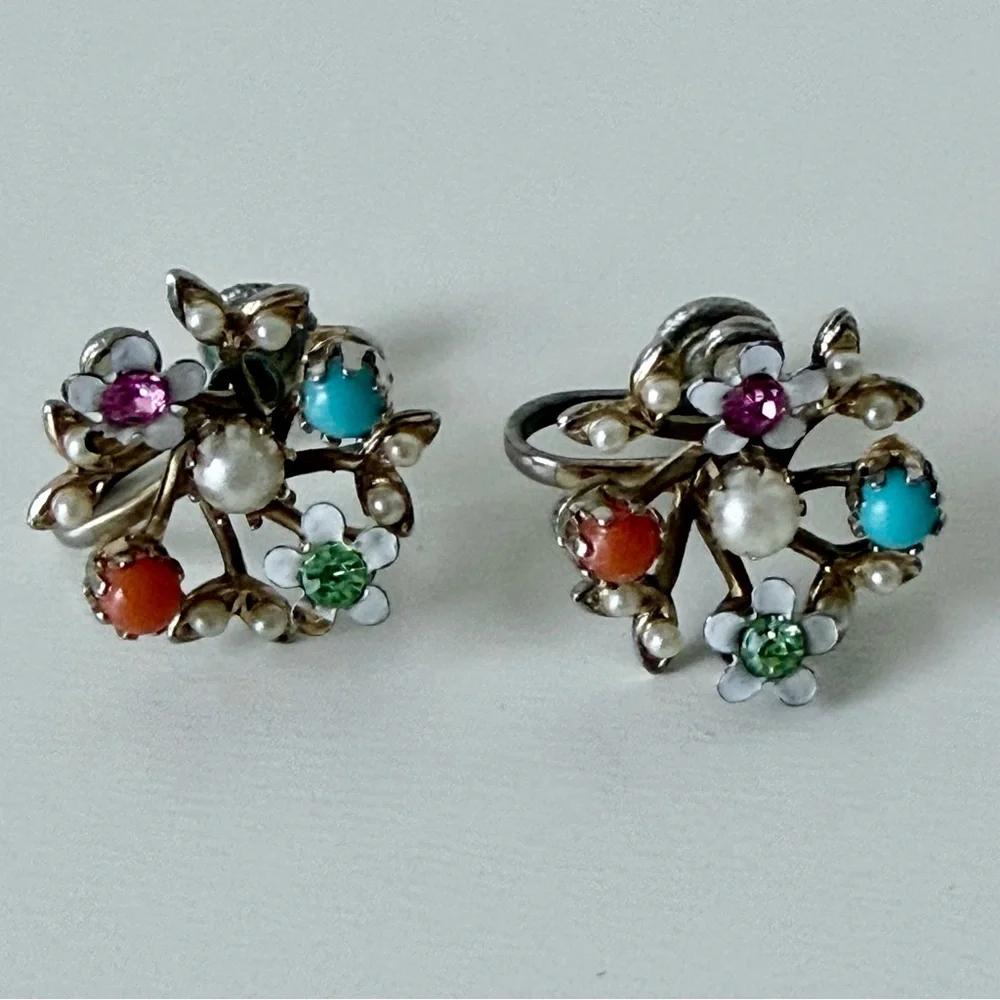 Vintage 1960s Floral Wreath Brooch & Earrings Set-Multi-Color Enamel/Faux Pearl