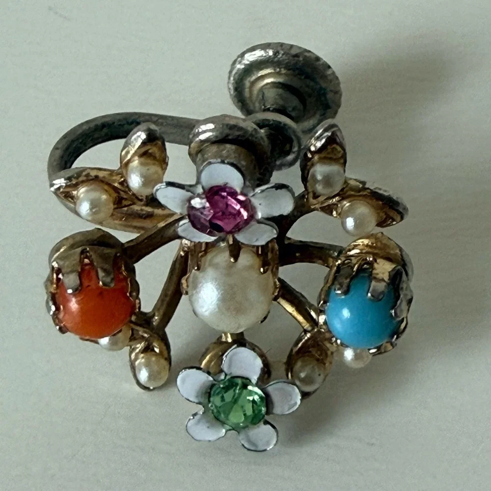 Vintage 1960s Floral Wreath Brooch & Earrings Set-Multi-Color Enamel/Faux Pearl