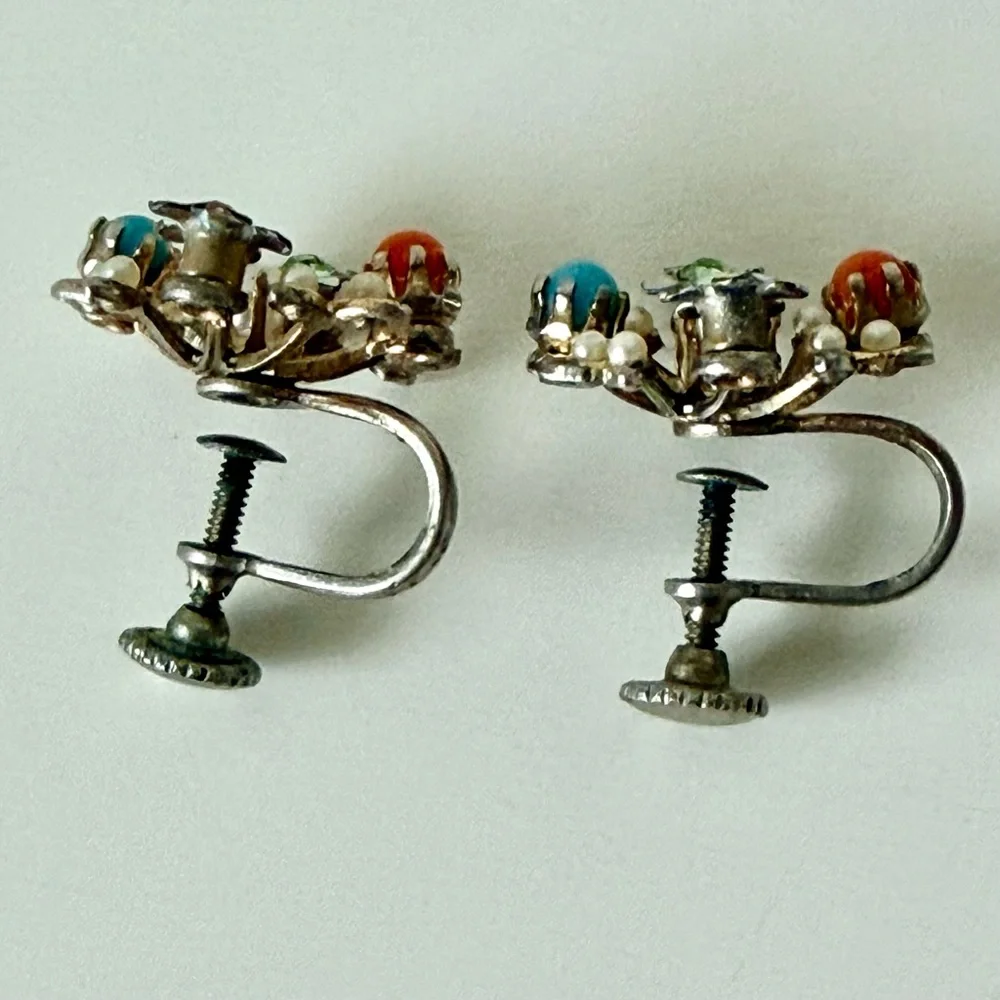 Vintage 1960s Floral Wreath Brooch & Earrings Set-Multi-Color Enamel/Faux Pearl