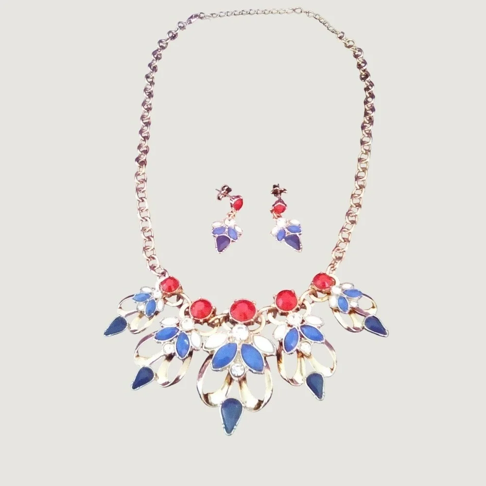 Red White Blue Statement Bib Necklace‎ and Earrings Set Gold Tone Floral Design