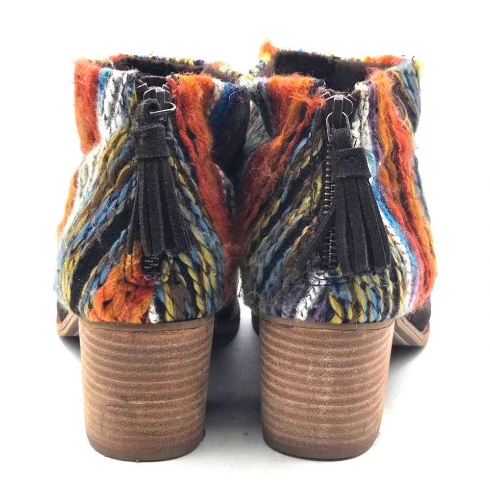TOMS Leila Brown Suede Woven Ankle Booties Multicolor Boho Tassel Womens Size 10