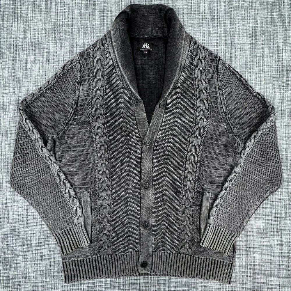 Rock & Republic Cardigan Mens XXL Gray Cotton Cable Knit Shawl Collar Pockets