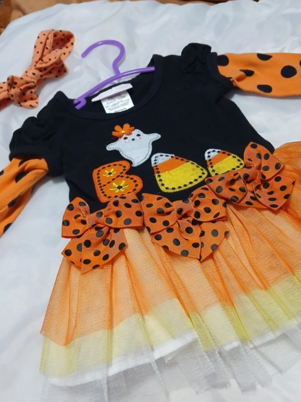 Bonnie Baby Black & Orange Candy Corn Tulle Dress with Polka Dot Sleeves