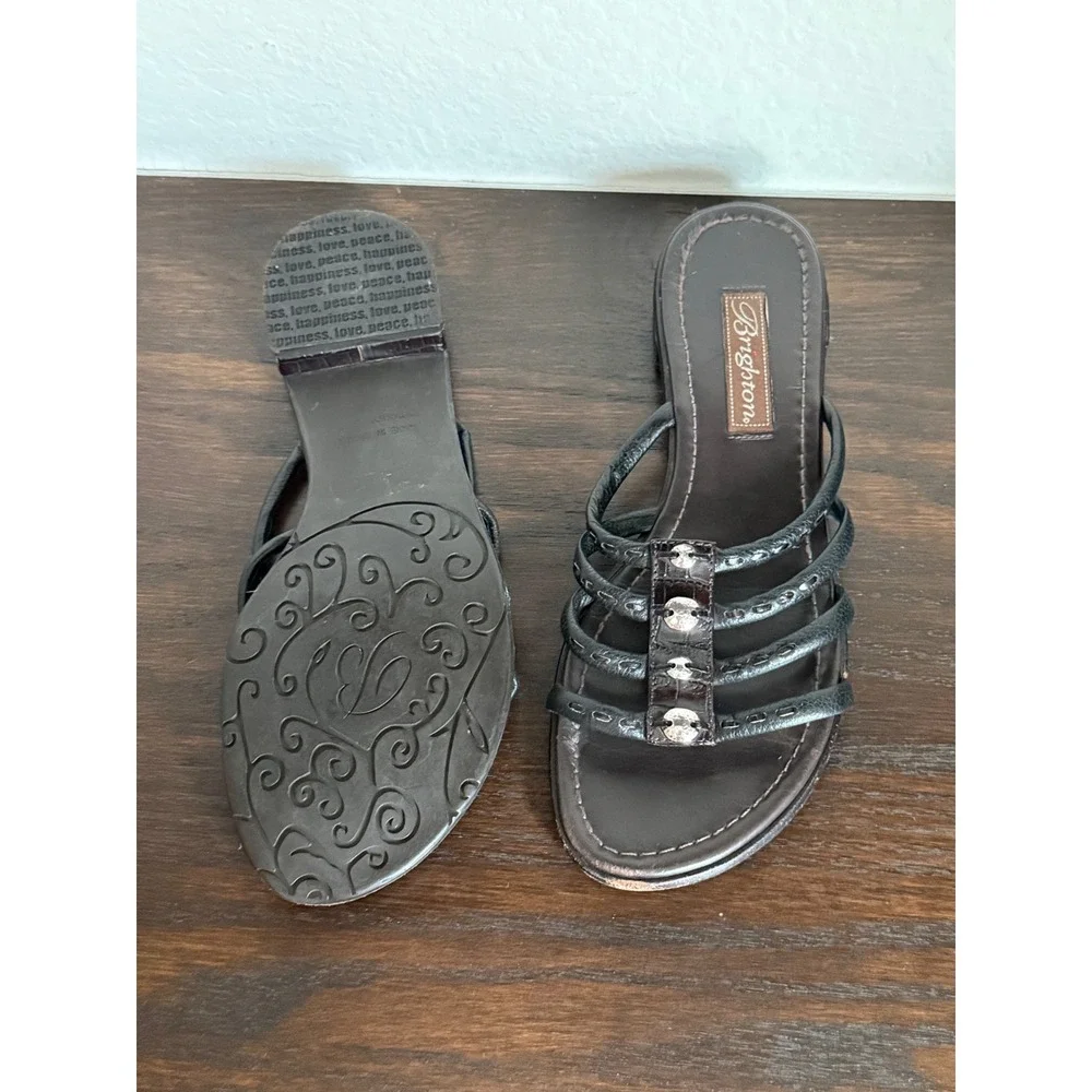Brighton Odyssey Black Leather Strappy Heart Concho Slide Sandals Womens 8.5M