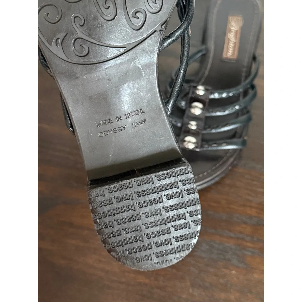 Brighton Odyssey Black Leather Strappy Heart Concho Slide Sandals Womens 8.5M