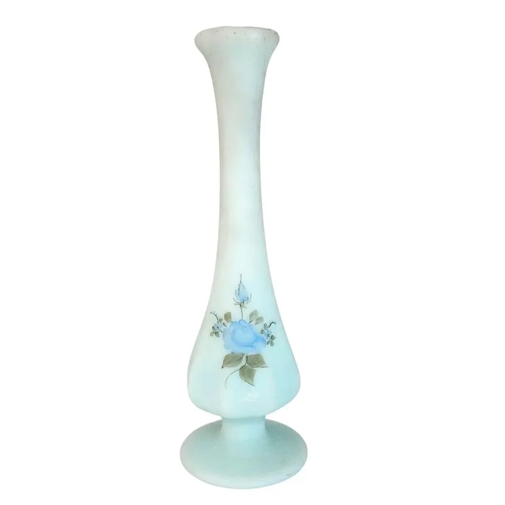 Vintage Fenton Bud Vase Blue Roses Hand Painted Satin Glass Artist Signed MCM