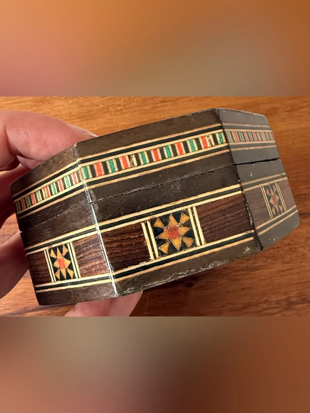VTG Inlay Wooden Trinket Box MOP Mosaic Jewelry Octagonal