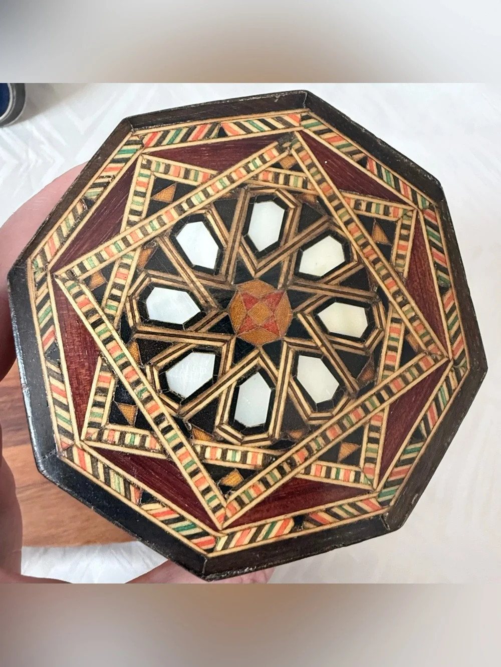 VTG Inlay Wooden Trinket Box MOP Mosaic Jewelry Octagonal