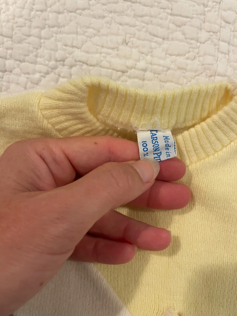 Vintage Carson Pirie Scott & England White Yellow Baby Sweater Bears Embroidery