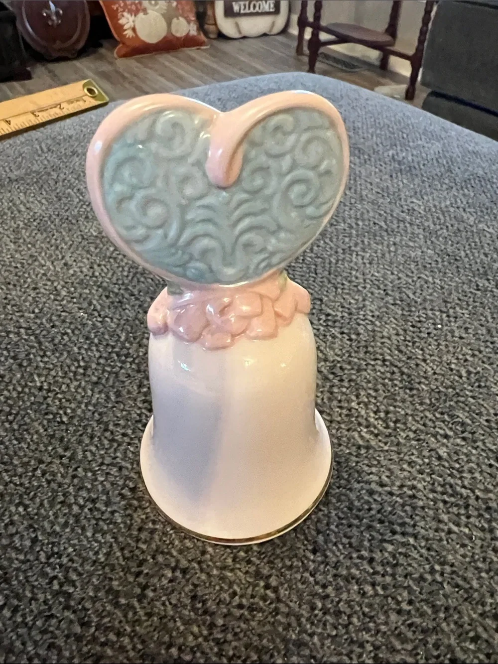 Avon Vintage 1995 Pink and Gold Porcelain Heart Bell with Love Birds